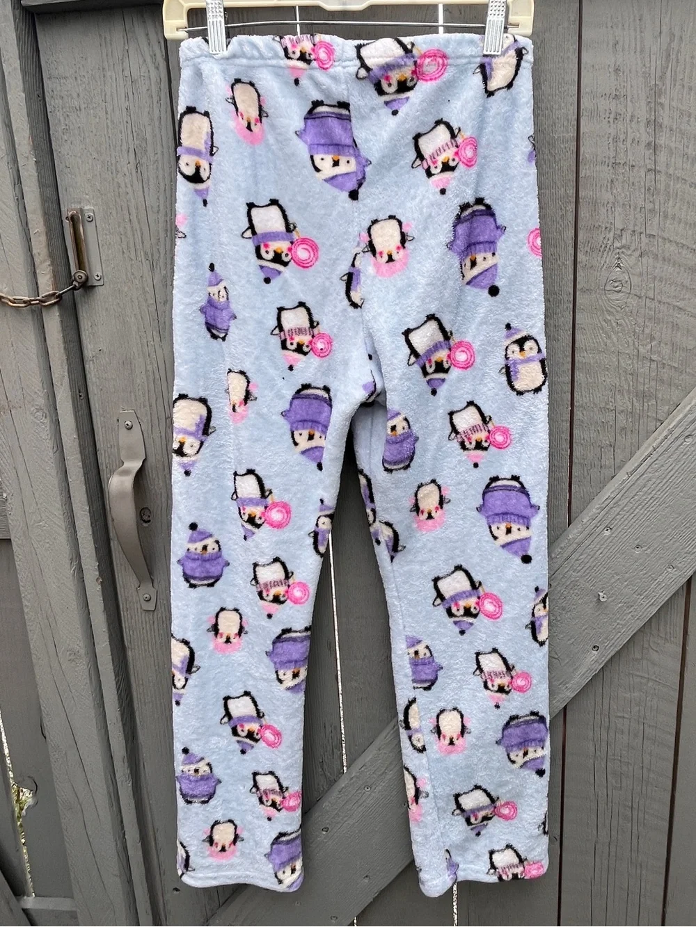 Cozy Penguin Fleece Pajama Lounge Pants Light Blue Purple Accents Size Medium